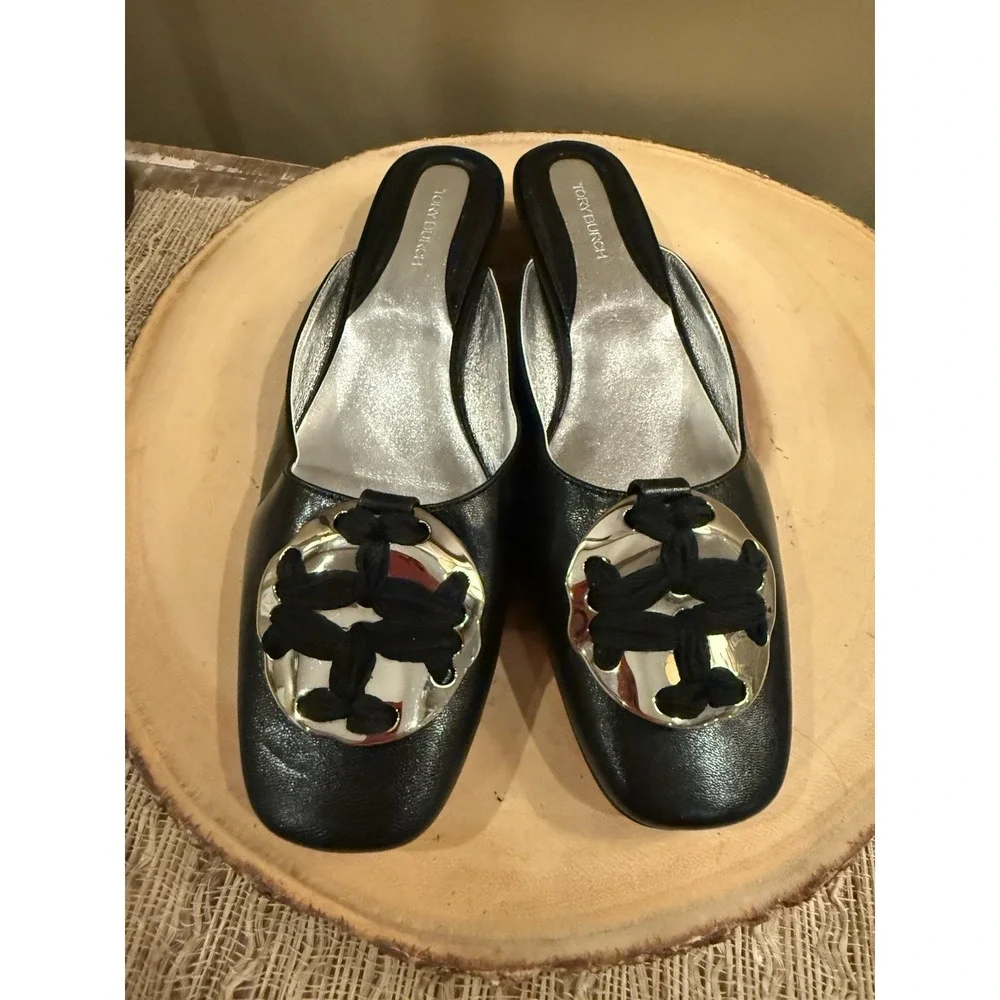 Tory Burch Woven‎ Logo Kitten Heel Mule Size 7.5 Black Goat Leather MSRP$358